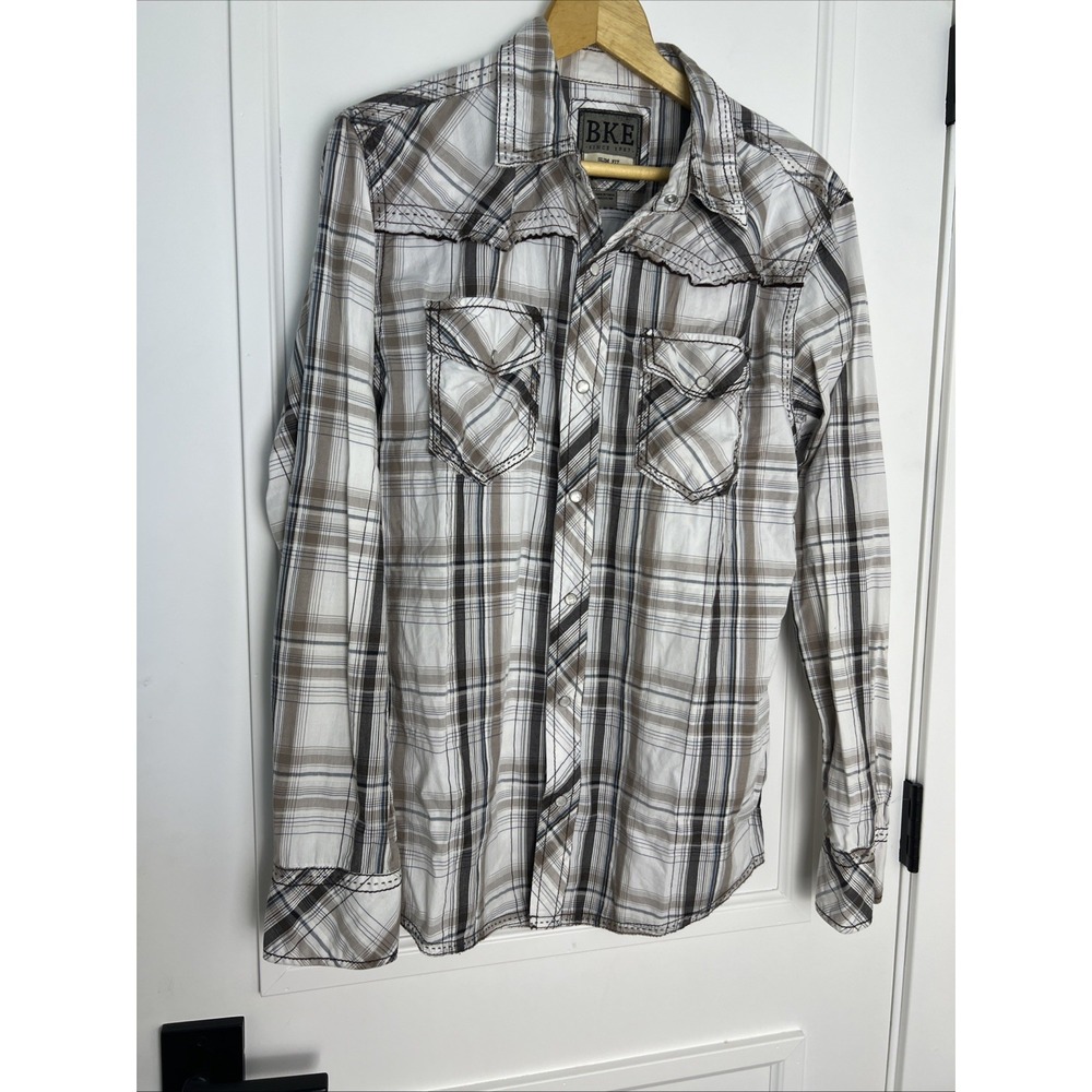 BKE Shirt Mens M Brown‎ White Western Pearl Snap Cowboy Slim Fit Buckle Pocket